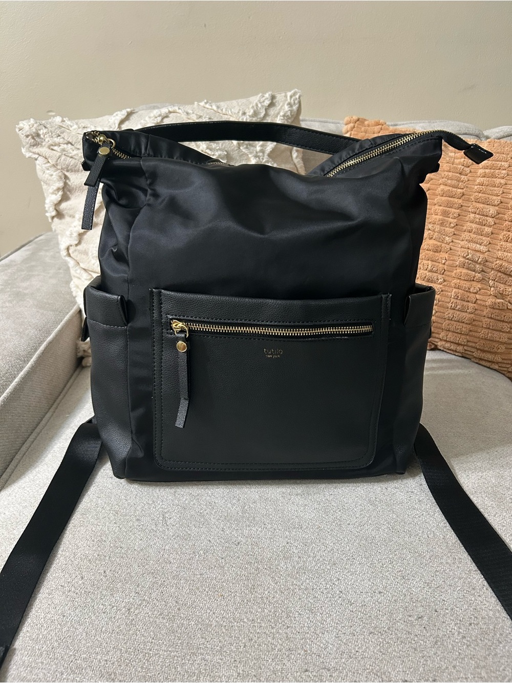 Tutilo New York Black Nylon Backpack- Top Handle, Gold Hardware